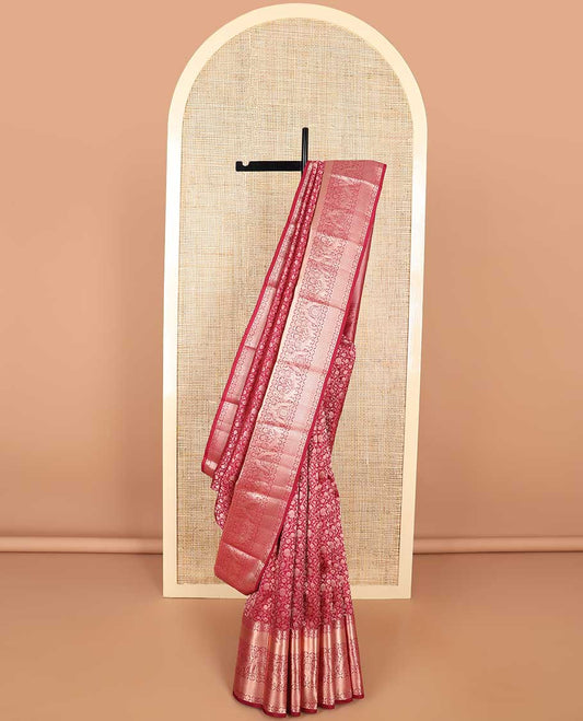 Red jaal design kancheepuram silk saree with self  floral design border & intricate zari design pallu