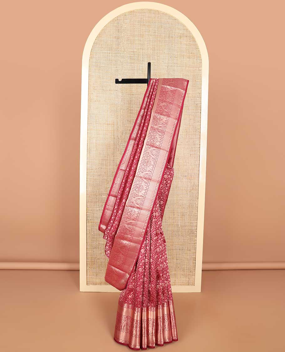 Red jaal design kancheepuram silk saree with self  floral design border & intricate zari design pallu