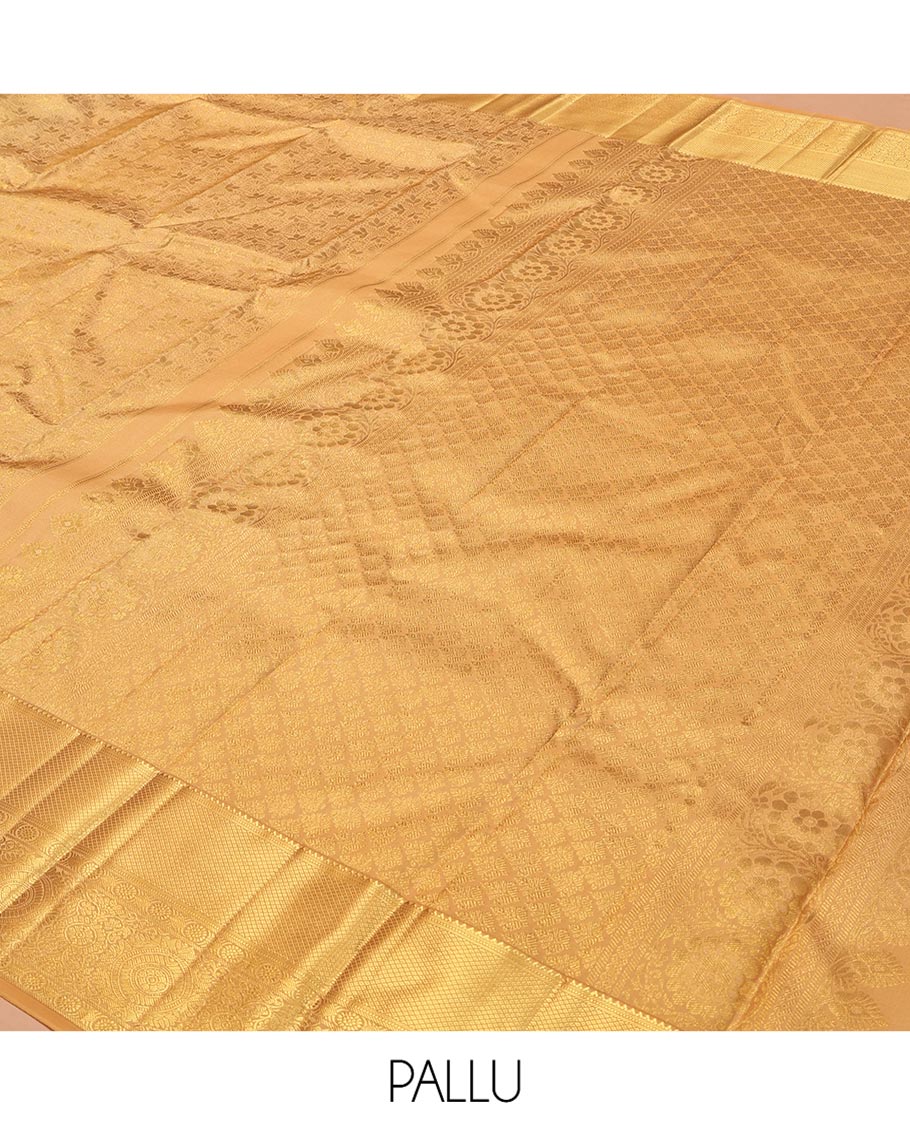 Gold Jacquard Kanchipuram Wedding Silk Saree, Highlighted by a Zari Border of Rekku, Muthu, Mayil Kann, and Chakram, Grand Jaal Pallu, and Matching Blouse