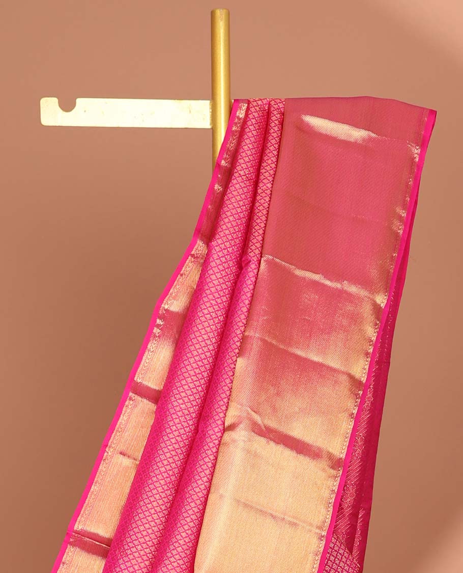 Pink checked design kancheepuram silk saree with self zari design border & floral zari design pallu