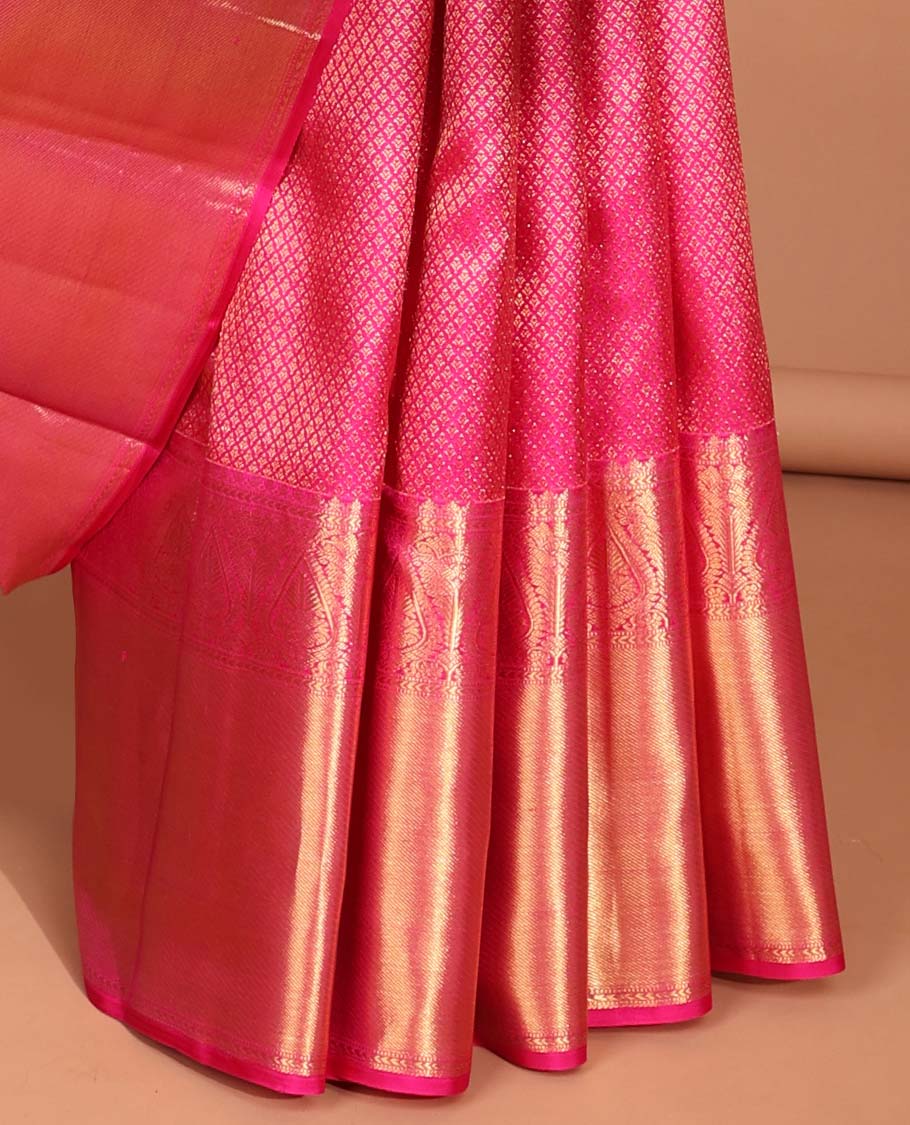 Pink checked design kancheepuram silk saree with self zari design border & floral zari design pallu
