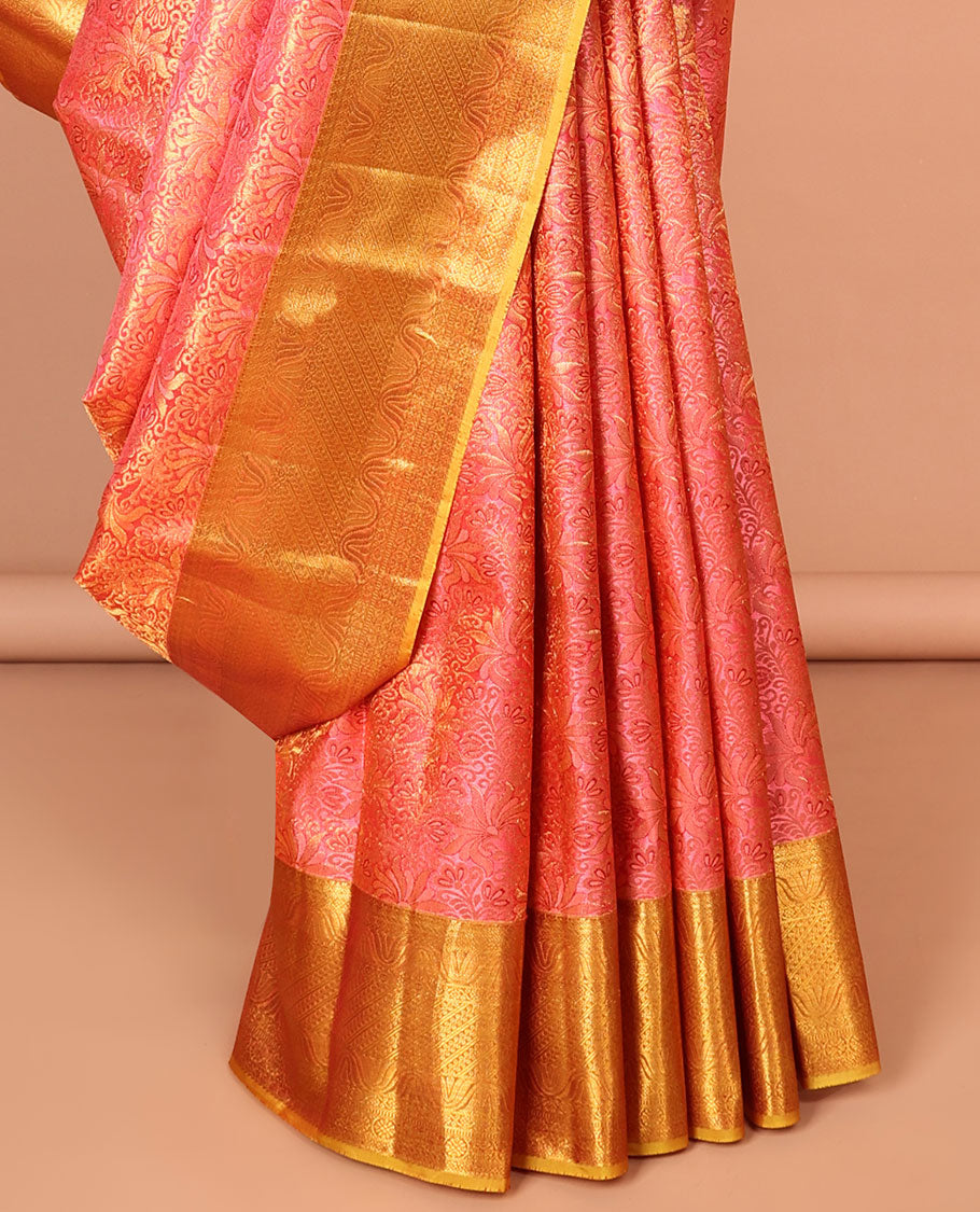 Red floral jacquard kancheepuram silk saree with contrast zari design border & traditional zari design pallu