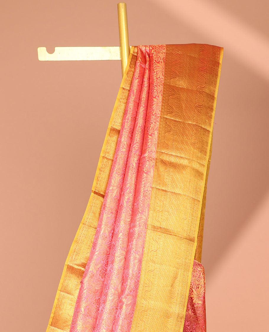 Red floral jacquard kancheepuram silk saree with contrast zari design border & traditional zari design pallu