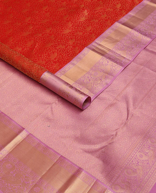Red jacquard kanchipuram wedding silk saree, contrast zari border of thilakam, kamalam & mayil designs & jaal pallu
