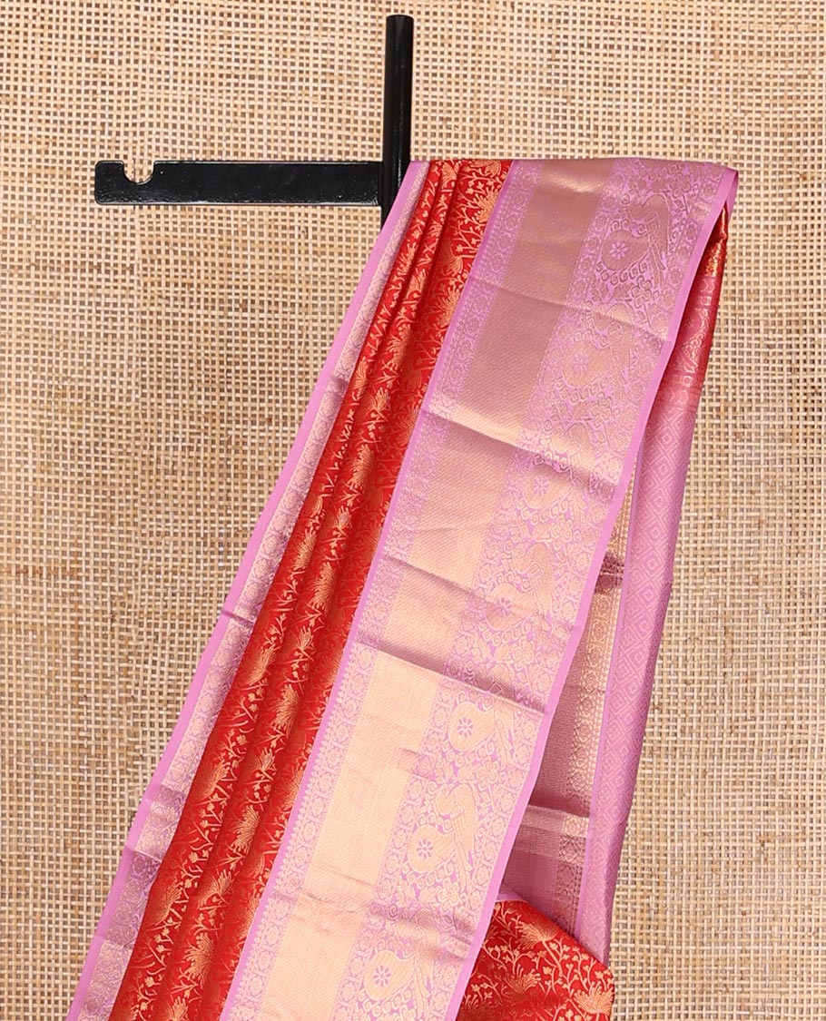Red jacquard kanchipuram wedding silk saree, contrast zari border of thilakam, kamalam & mayil designs & jaal pallu