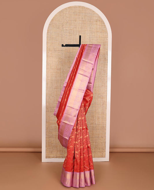 Red jacquard kanchipuram wedding silk saree, contrast zari border of thilakam, kamalam & mayil designs & jaal pallu