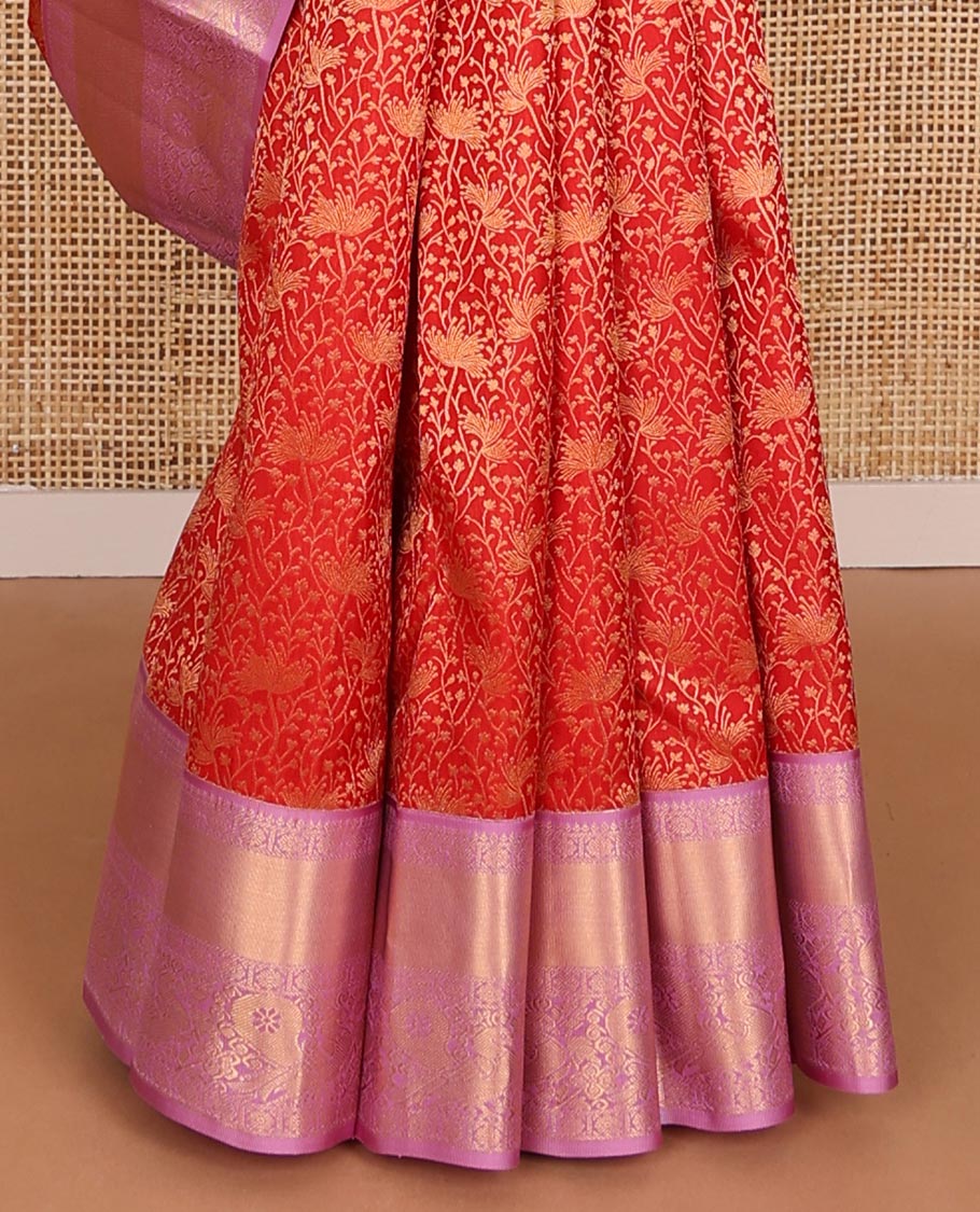 Red jacquard kanchipuram wedding silk saree, contrast zari border of thilakam, kamalam & mayil designs & jaal pallu