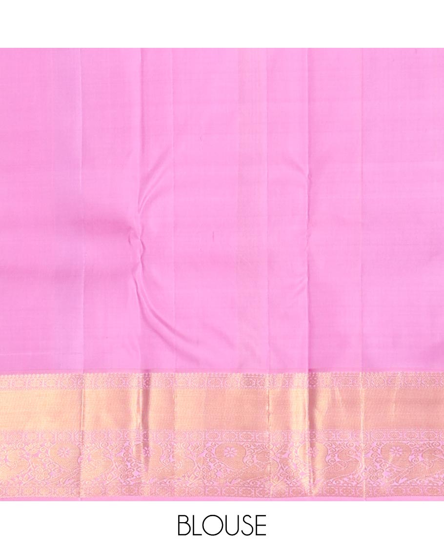 Red jacquard kanchipuram wedding silk saree, contrast zari border of thilakam, kamalam & mayil designs & jaal pallu