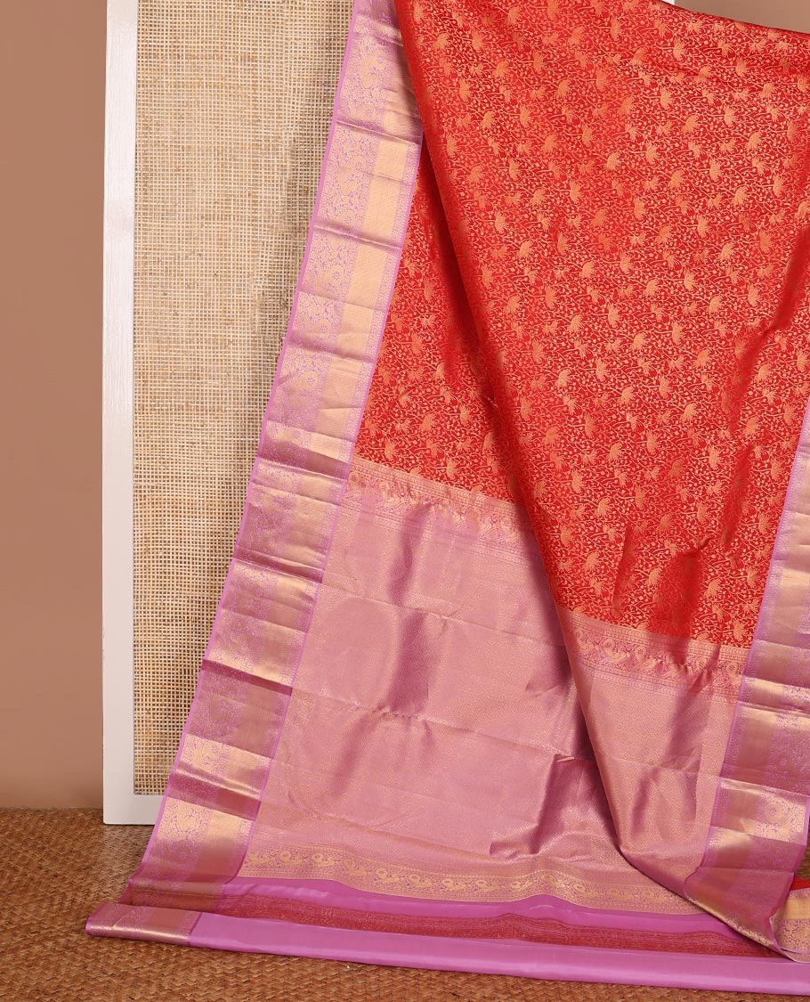 Red jacquard kanchipuram wedding silk saree, contrast zari border of thilakam, kamalam & mayil designs & jaal pallu
