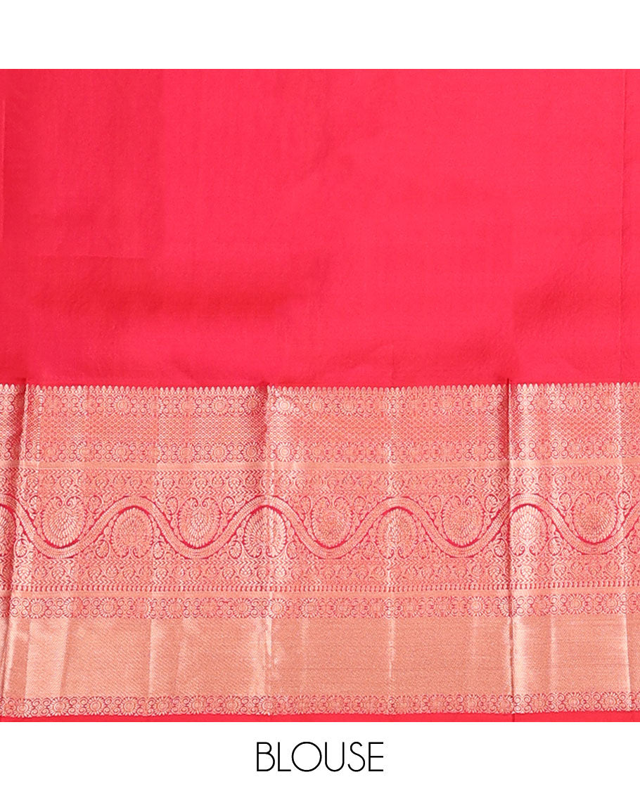 Red jacquard wedding silk saree, intricate pallu & border of thilakam mokku,mayil kann,kathir & dhavana kodi designs