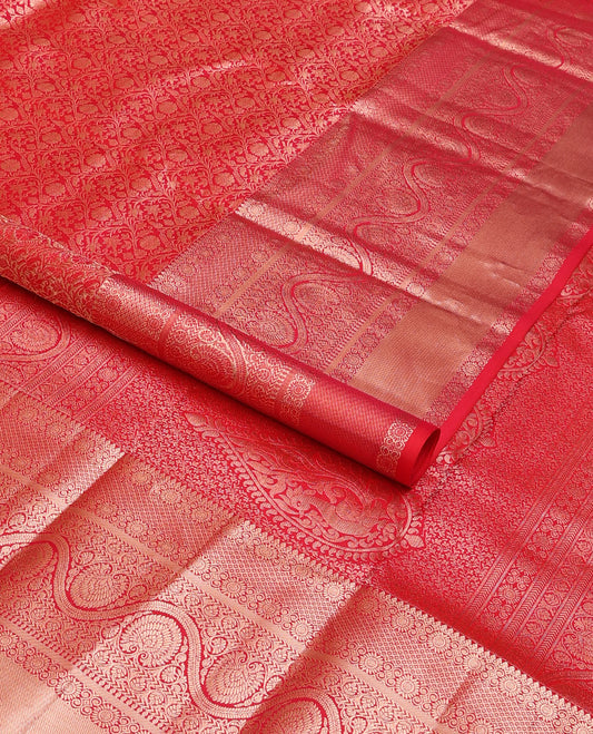 Red jacquard wedding silk saree, intricate pallu & border of thilakam mokku,mayil kann,kathir & dhavana kodi designs