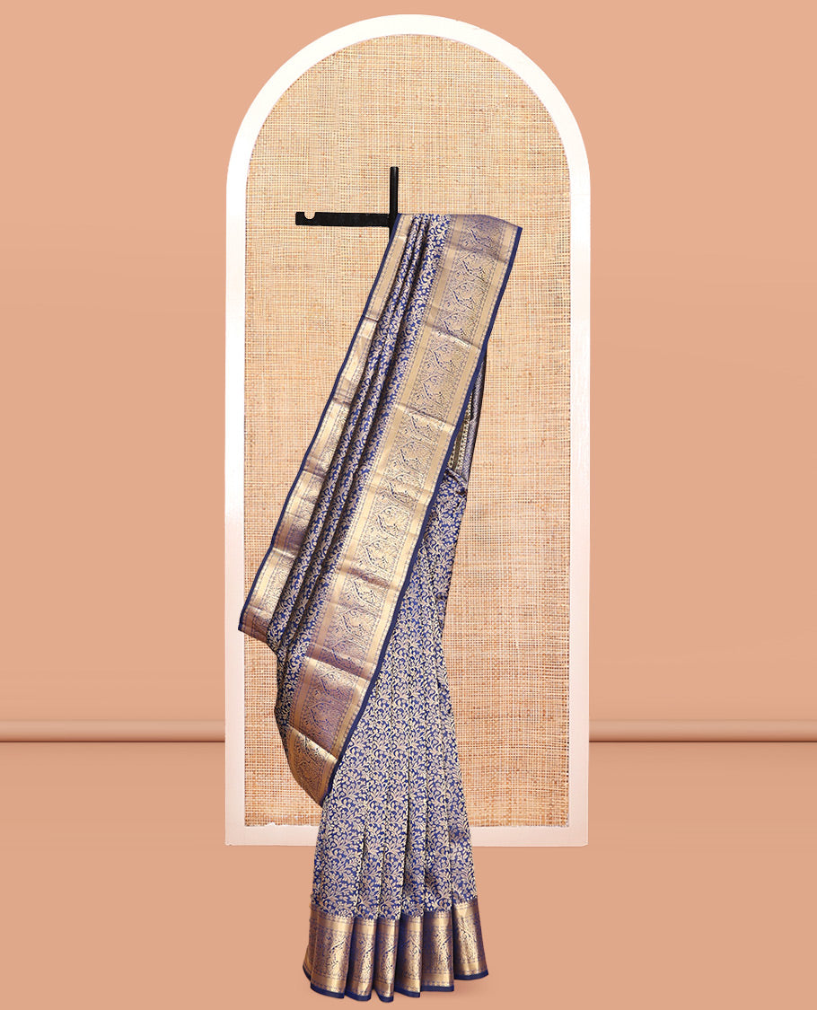 Blue Kanchipuram Wedding Silk Saree, Elegantly Highlighted with Jacquard Design, a Zari Border of Rekku, Muthu, Poun and Mayil Designs, Grand Pallu, and a Matching Blouse