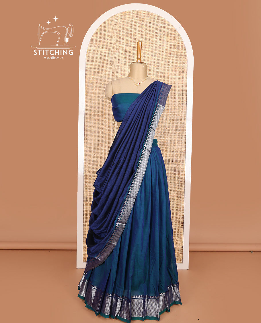 Blue cotton half-saree, plain with contrast traditional zari bordered skirt, matching blouse, and contrast zari border dhavani
