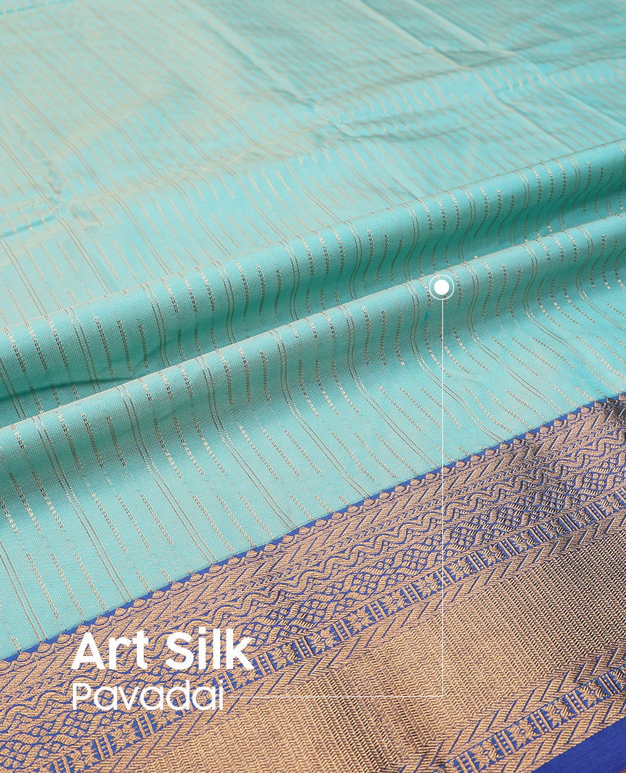 Turquoise art silk pavadai set, zari design with contrast traditional zari bordered skirt and a contrast zari border blouse