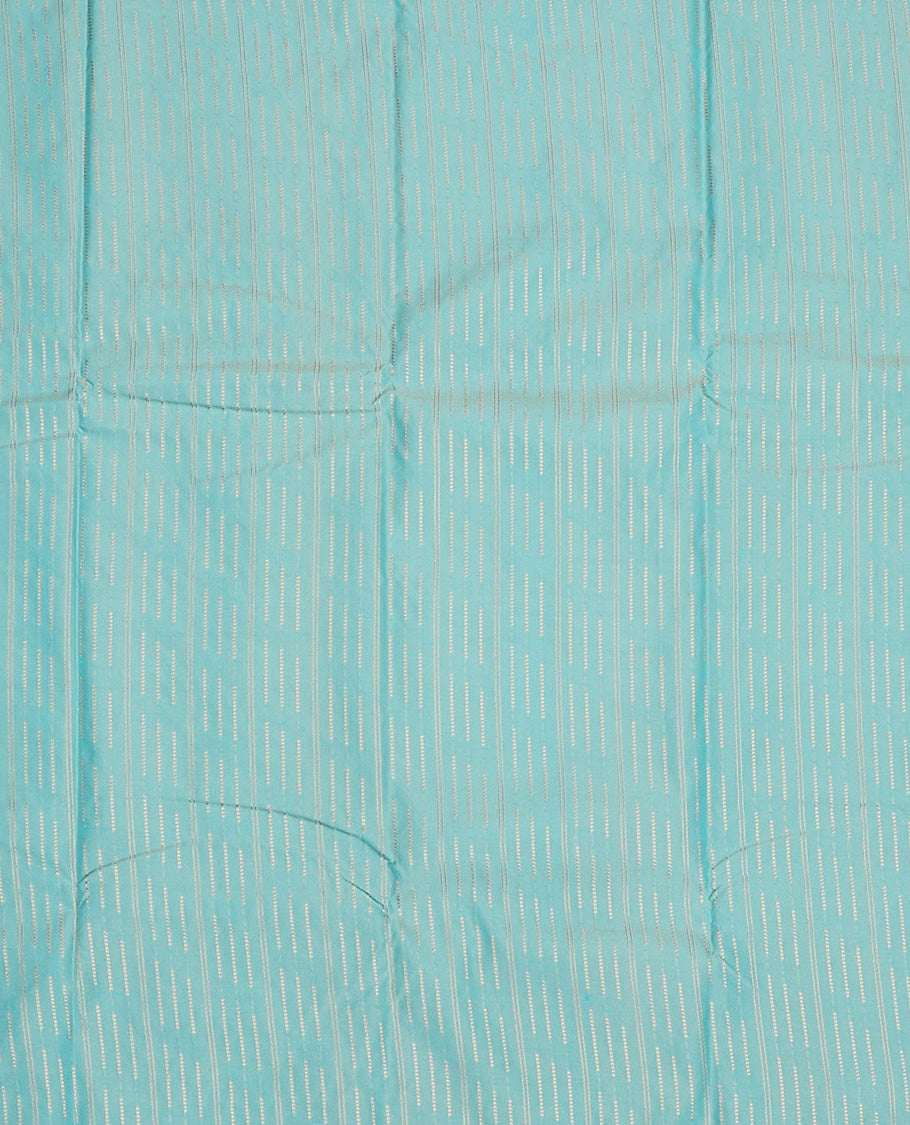 Turquoise art silk pavadai set, zari design with contrast traditional zari bordered skirt and a contrast zari border blouse