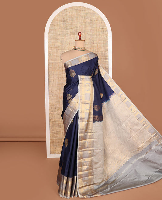 Navy blue zari buttas budget silk saree, contrast traditional zari border, and jaal pallu