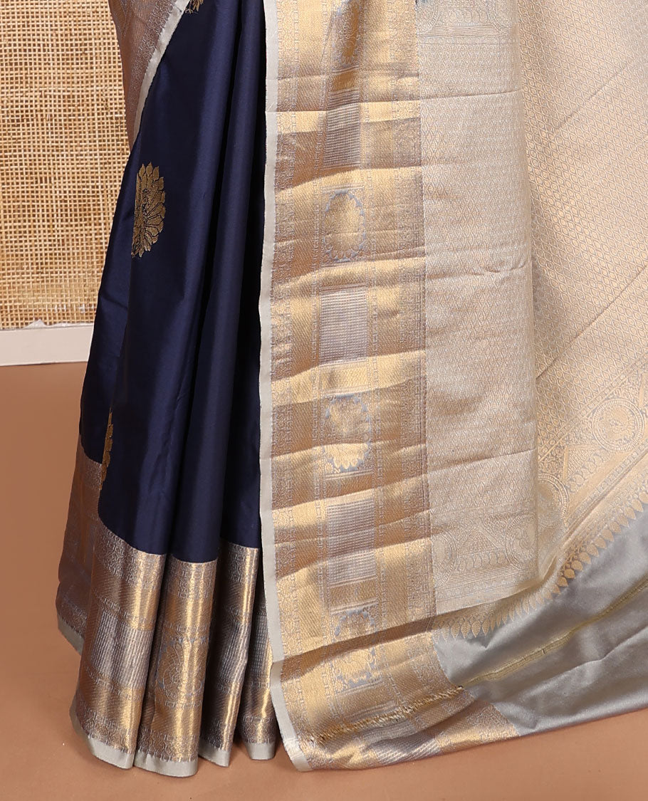 Navy blue zari buttas budget silk saree, contrast traditional zari border, and jaal pallu