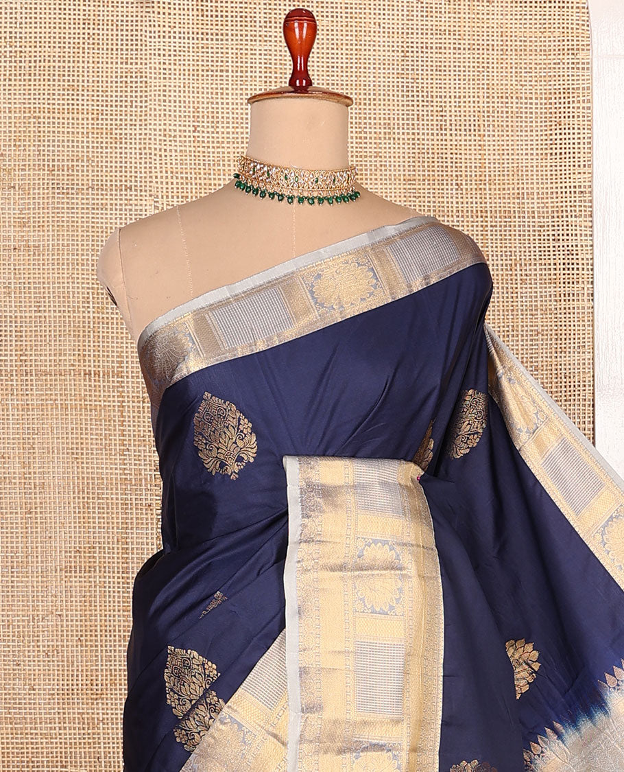 Navy blue zari buttas budget silk saree, contrast traditional zari border, and jaal pallu