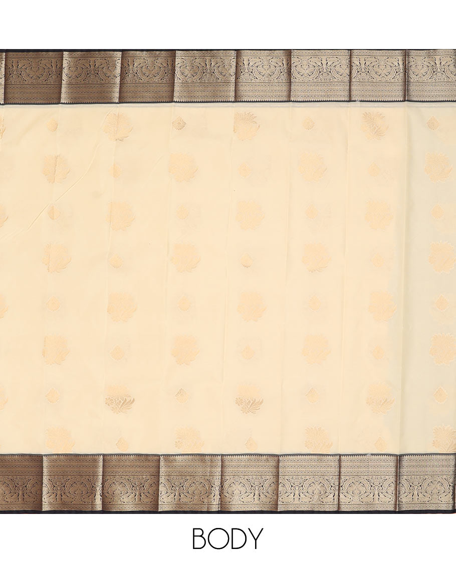 Cream butta enclosed checked budget silk saree, contrast traditional zari border, and intricate pallu