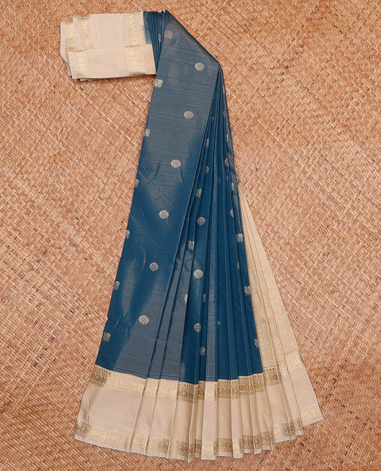 Peacock zari buttas and striped gift saree, contrast traditional zari rettai pettu design border, and intricate pallu