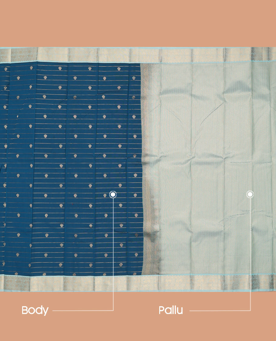 Blue Budget Silk Saree Finely Crafted with Zari Stripes and Buttas, Highlighted with a Contrast Traditional Zari  Border, Subtly Woven Pallu, and Paired with a Contrast Blouse