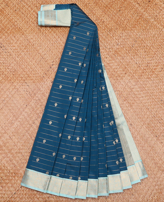 Blue Budget Silk Saree Finely Crafted with Zari Stripes and Buttas, Highlighted with a Contrast Traditional Zari  Border, Subtly Woven Pallu, and Paired with a Contrast Blouse