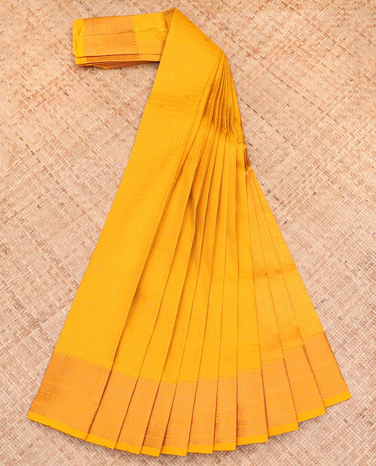 Yellow Budget Silk Saree, Sparsely Woven with Zari Buttas and Checks All Over Its Body, Highlighted by a Traditional Zari Design Border, Sparsely Woven Pallu, and Paired with a Matching Blouse