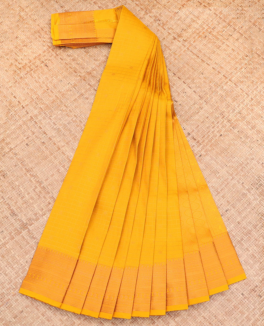 Yellow Budget Silk Saree, Sparsely Woven with Zari Buttas and Checks All Over Its Body, Highlighted by a Traditional Zari Design Border, Sparsely Woven Pallu, and Paired with a Matching Blouse