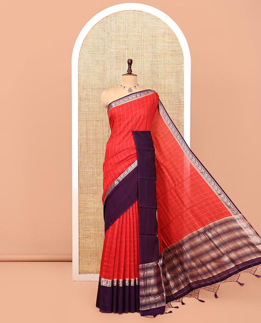 Red Assam Silk Saree, Subtly Sparkled with Checks, Complemented by a Contrast Bird Motifs Zari Border, Zari-Striped Pallu, and a Contrast Blouse