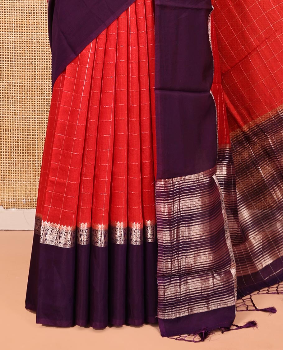 Red Assam Silk Saree, Subtly Sparkled with Checks, Complemented by a Contrast Bird Motifs Zari Border, Zari-Striped Pallu, and a Contrast Blouse
