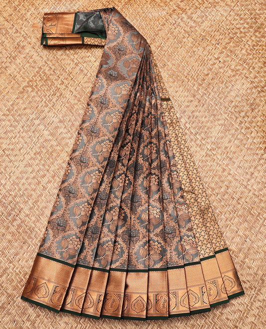 Grey Budget Silk Saree, Highlighted with Jacquard, Complemented by Contrast Traditional Zari Border, Intricate Pallu, and a Contrast Blouse