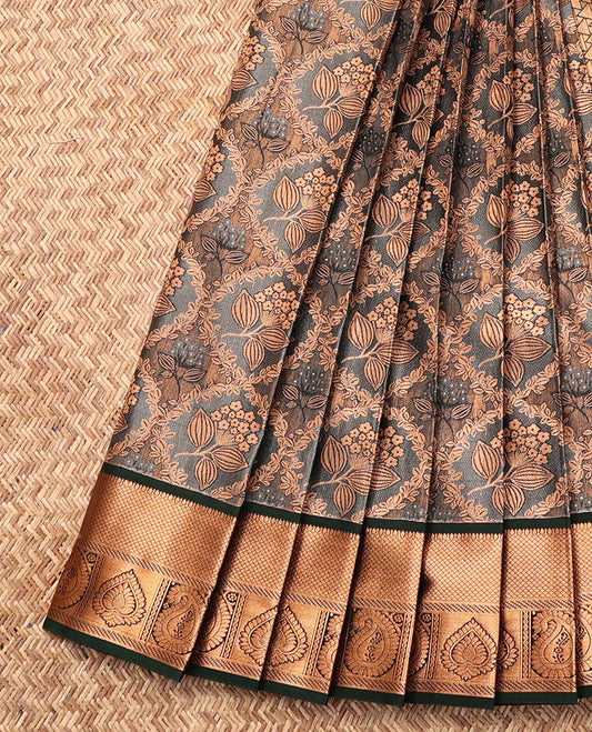 Grey Budget Silk Saree, Highlighted with Jacquard, Complemented by Contrast Traditional Zari Border, Intricate Pallu, and a Contrast Blouse
