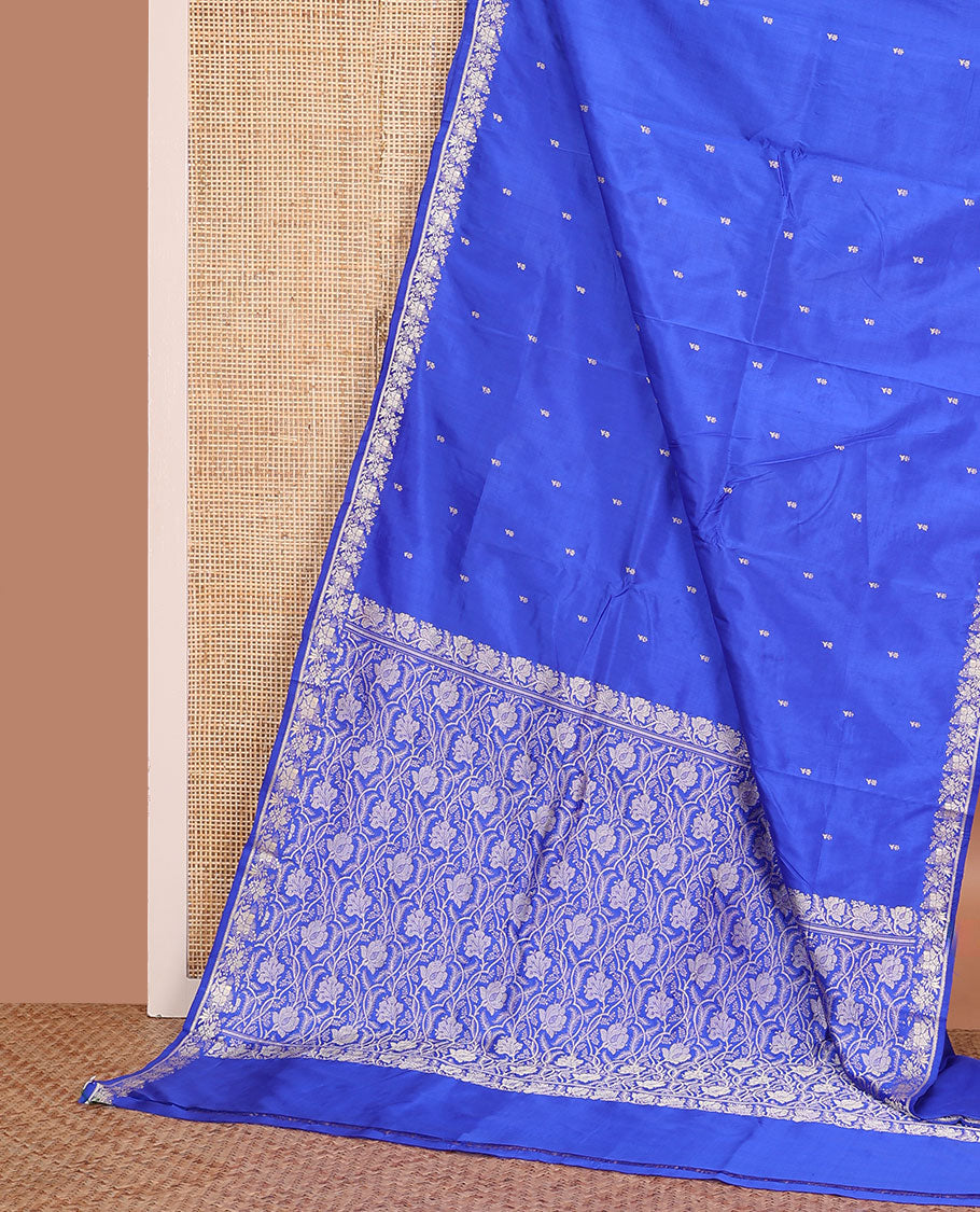 Ultramarine blue buttas banarasi kathan silk saree,  floral creeper border, and pallu of floral jaal design