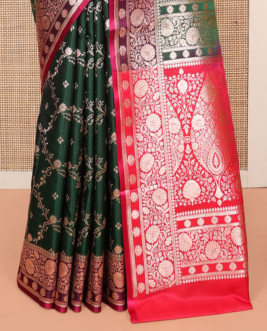 Green Banarasi Nylon Saree, Adorned with Jacquard, Contrast Floral Creeper Zari Border, Intricate Pallu, and a Contrast Blouse
