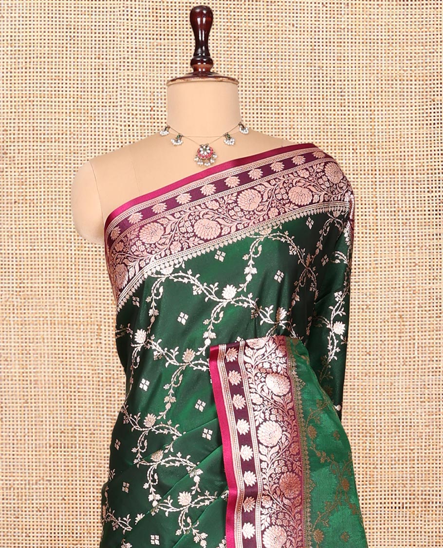 Green Banarasi Nylon Saree, Adorned with Jacquard, Contrast Floral Creeper Zari Border, Intricate Pallu, and a Contrast Blouse