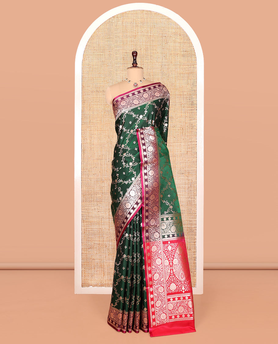 Green Banarasi Nylon Saree, Adorned with Jacquard, Contrast Floral Creeper Zari Border, Intricate Pallu, and a Contrast Blouse