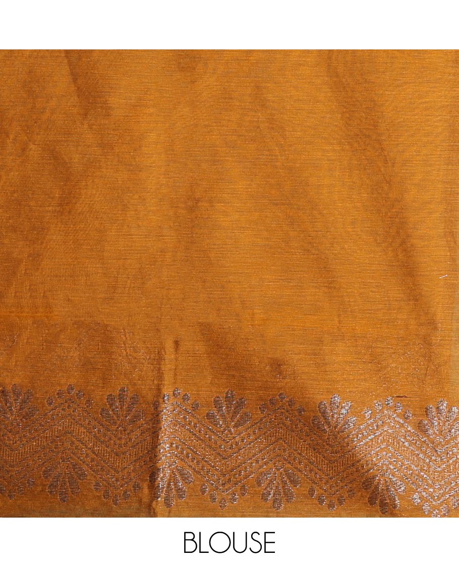 Borderless green zari buttas semi-silk cotton saree, contrast zari woven pallu