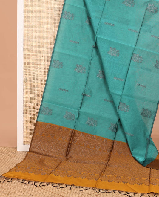 Borderless green zari buttas semi-silk cotton saree, contrast zari woven pallu