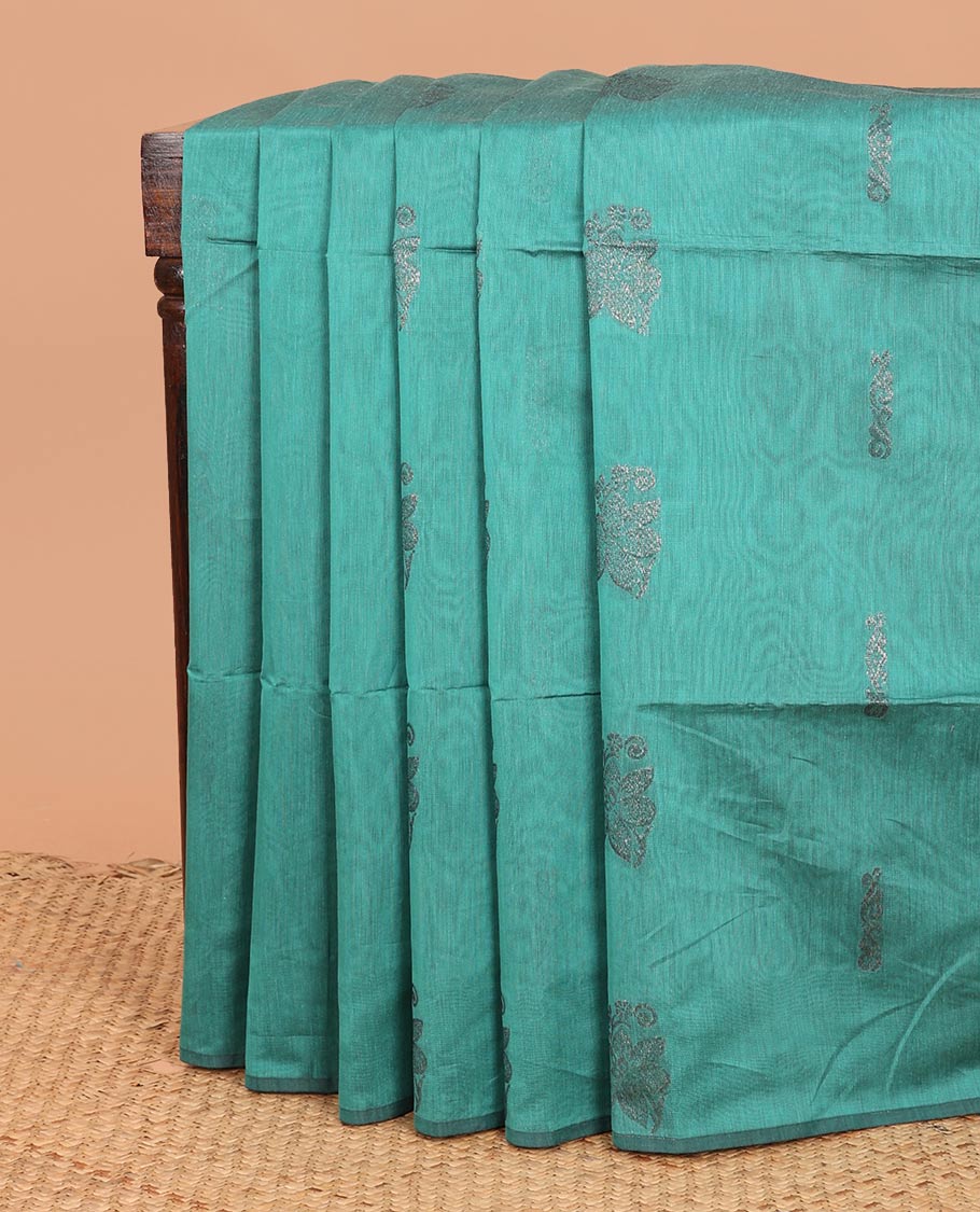 Borderless green zari buttas semi-silk cotton saree, contrast zari woven pallu