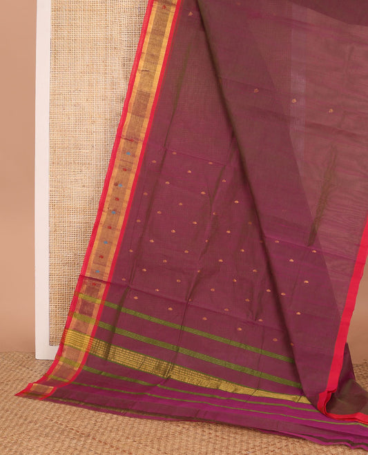 Purple zari buttas Venkatagiri cotton saree, contrast zari and thread border, and zari striped pallu