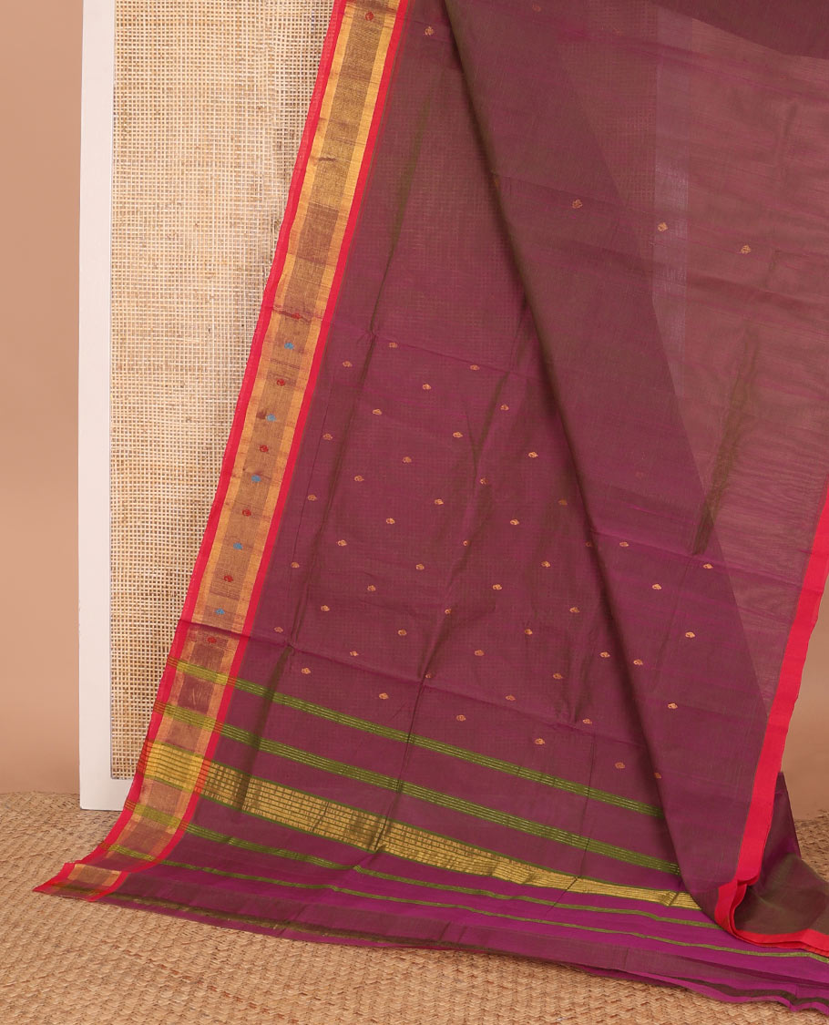Purple zari buttas Venkatagiri cotton saree, contrast zari and thread border, and zari striped pallu
