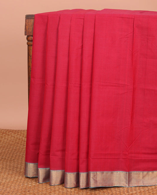 Red Plain Mangalagiri Cotton Saree, Complemented by Contrast Temple Zari Border, Gleaming Zari Pallu, and Paired with a Matching Blouse