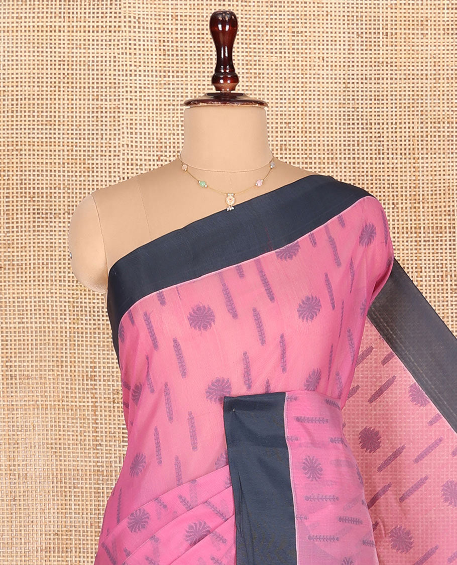 Pink Semi-Silk Cotton Saree, Subtly Sparkled with Buttas All Over Its Body, Complemented by Contrast Border, Geometric Patterned Pallu, and Paired with a Matching Blouse