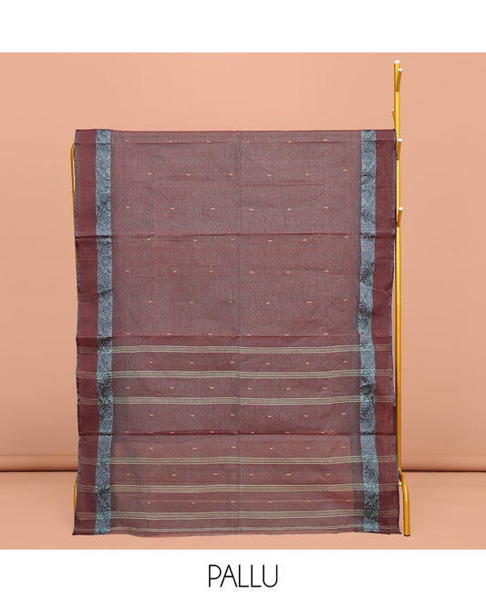 Brown Dual-tone Bengal Cotton Saree, Decorated with Buttas All Over Its Body, Complemented by a Contrast Border of Floral Creeper Designs, Pallu of Stripes and Buttas, and Paired with a Matching Blouse