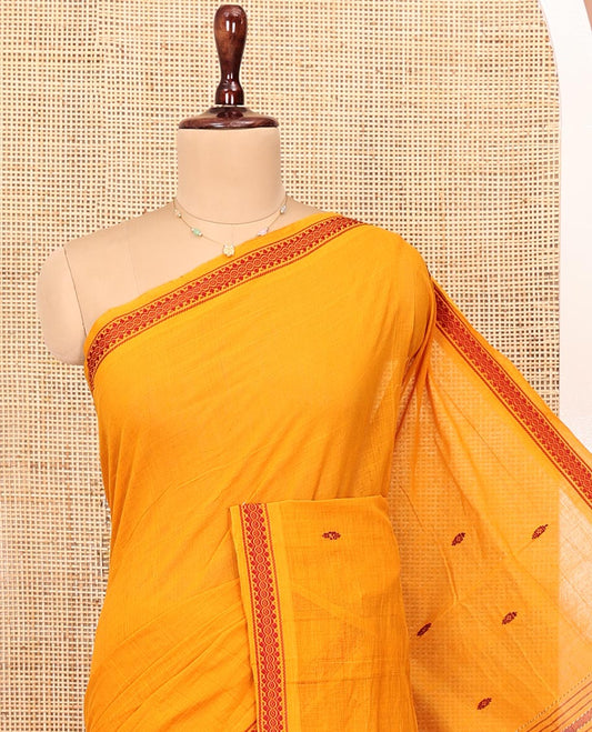 Yellow Andhra Cotton Saree, Mesmerized with Thread Buttas All Over Its Body, Subtly Sparked with a Thread Border, Captivating Contrast Pallu of Stripes and Buttas, and Paired with a Matching Blouse