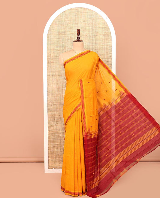Yellow Andhra Cotton Saree, Mesmerized with Thread Buttas All Over Its Body, Subtly Sparked with a Thread Border, Captivating Contrast Pallu of Stripes and Buttas, and Paired with a Matching Blouse