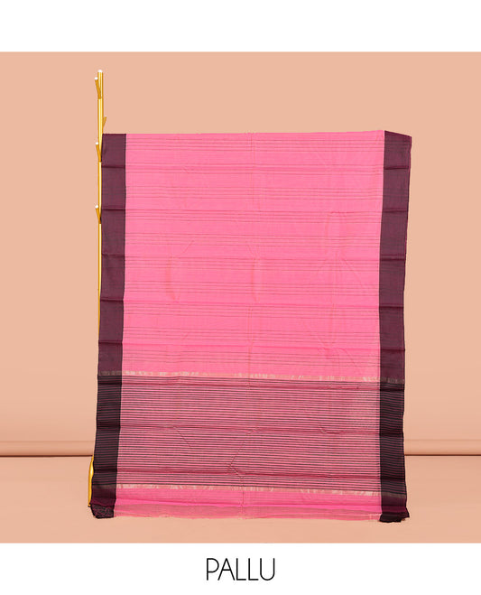 Pink Striped Semi-Silk Cotton Saree, Complemented by a Contrast Border, Pallu Steeped with Stripes, and Paired with a Matching Blouse