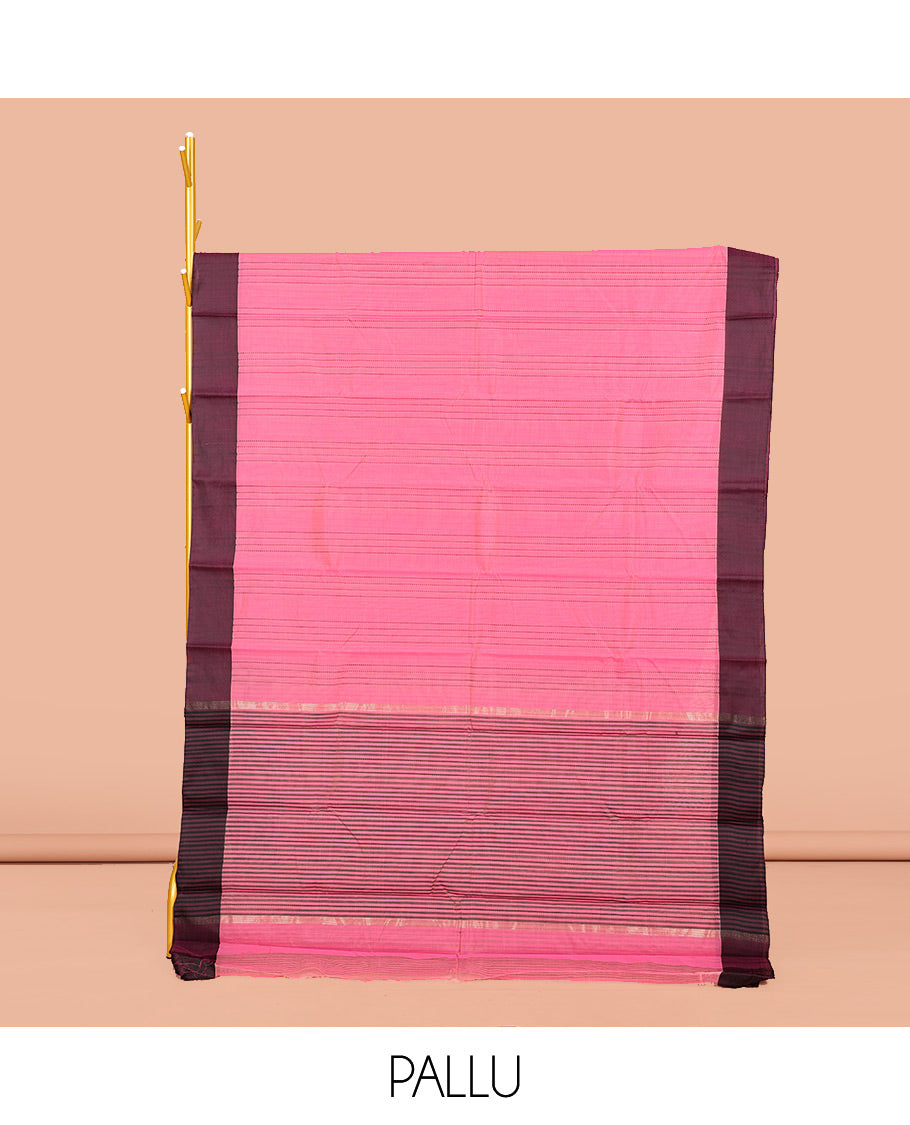 Pink Striped Semi-Silk Cotton Saree, Complemented by a Contrast Border, Pallu Steeped with Stripes, and Paired with a Matching Blouse