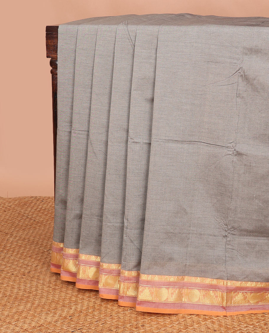 light grey poly cotton saree with contrast temple border & striped pallu