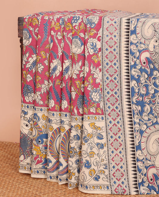 Pink floral vine machine-printed kalamkari cotton saree, contrast floral- peacock printed border & pallu of peacock-geometric print